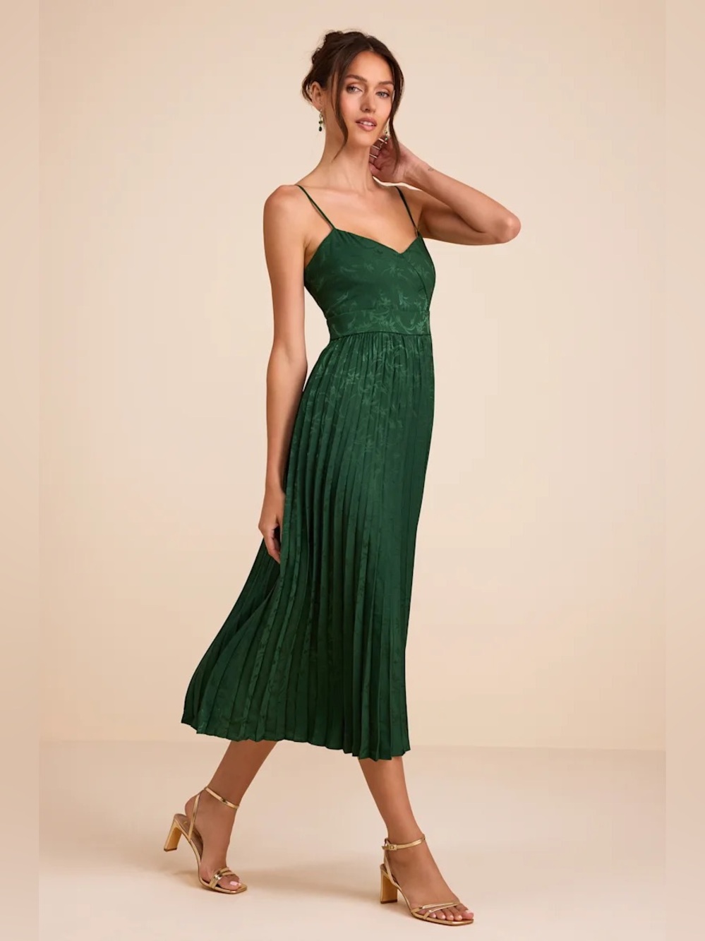 Lulus Regal Romance Emerald Floral Jacquard Pleated Satin Midi Dress - Picture 4 of 9